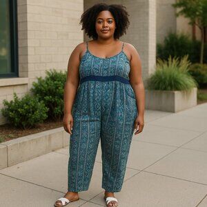 📦Ultra Flirt Plus Women's 1X Jumpsuit Blue Green Geometric Diamond Cruise Wear